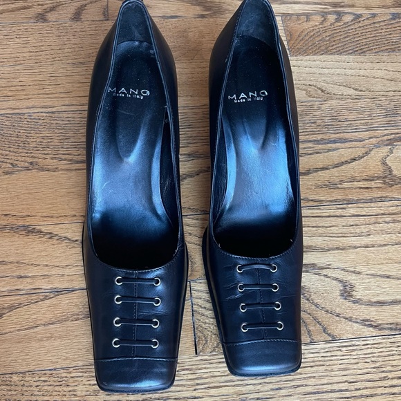 Mano Vintage Style Square Toe Laced Brown Leather Pumps Size 8 - Picture 10 of 11